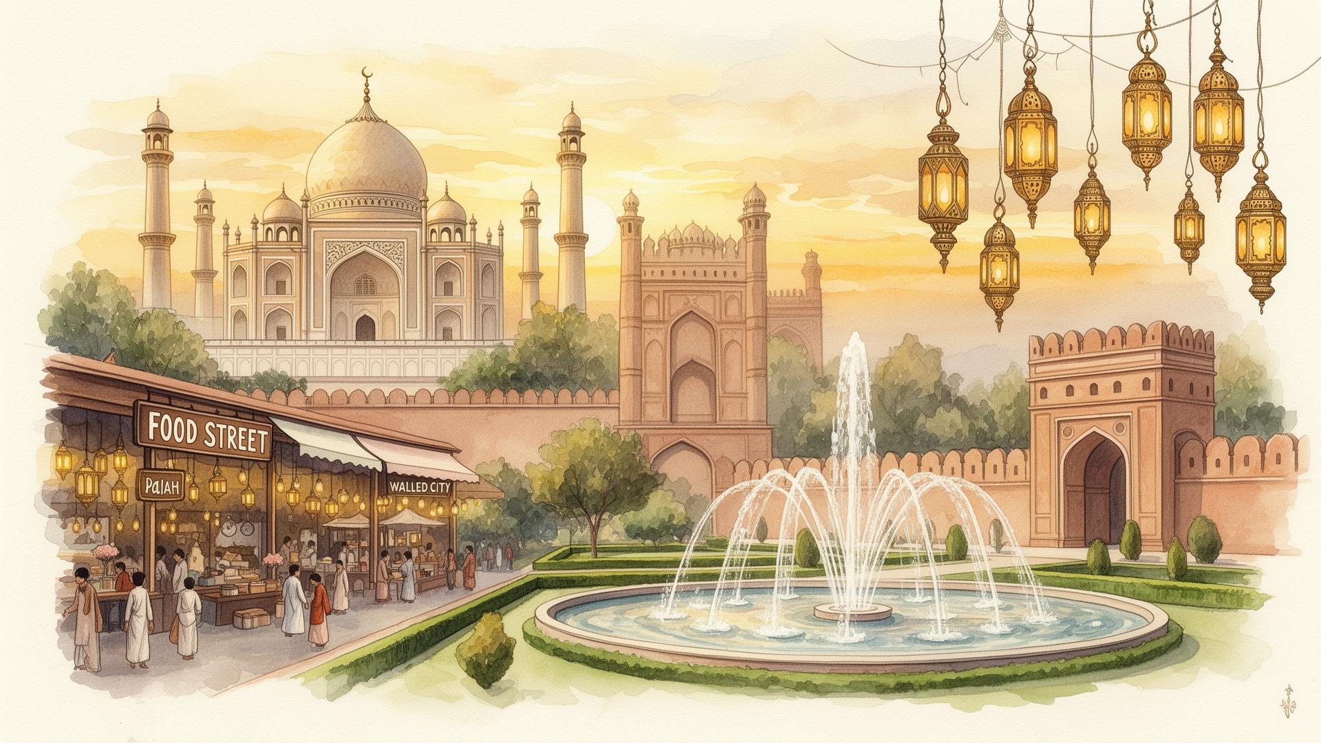 Watercolor vignettes of Lahore landmarks